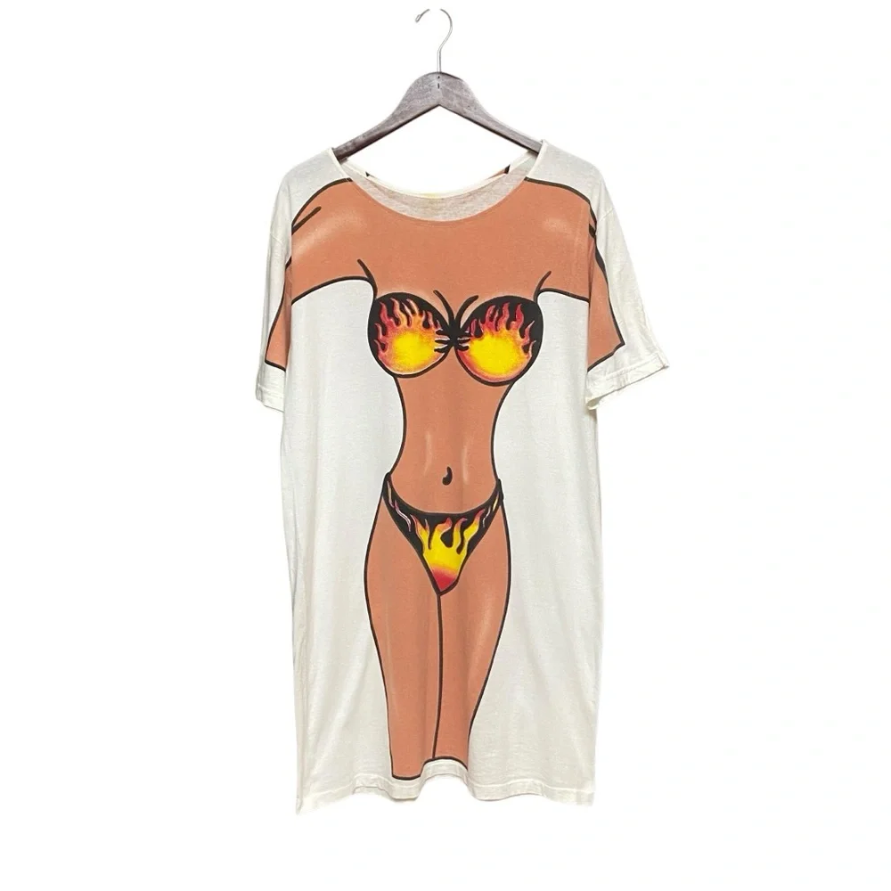 Vintage 90s Streetwear Distressed Flame Bikini Beach T-Shirt Women's Swim Dress